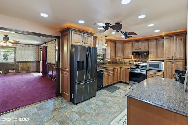 66 Cedar Swamp Rd, Jackson, NJ 08527 - kitchen with appliances with stainless steel finishes, ceiling fan, under cabinet range hood, recessed lighting, and light colored carpet