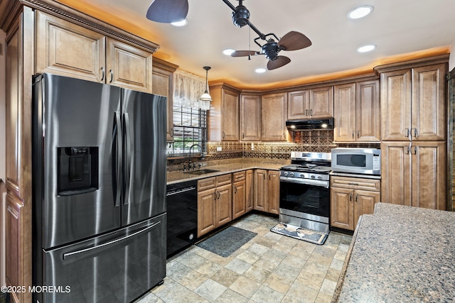 66 Cedar Swamp Rd, Jackson, NJ 08527 - kitchen with stainless steel appliances, under cabinet range hood, a ceiling fan, backsplash, and recessed lighting