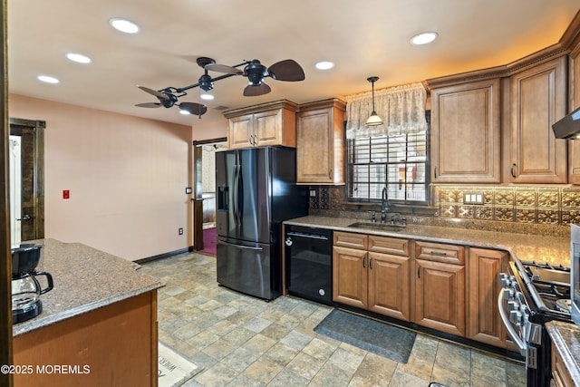 66 Cedar Swamp Rd, Jackson, NJ 08527 - kitchen with black appliances, ceiling fan, recessed lighting, backsplash, and light stone finish flooring