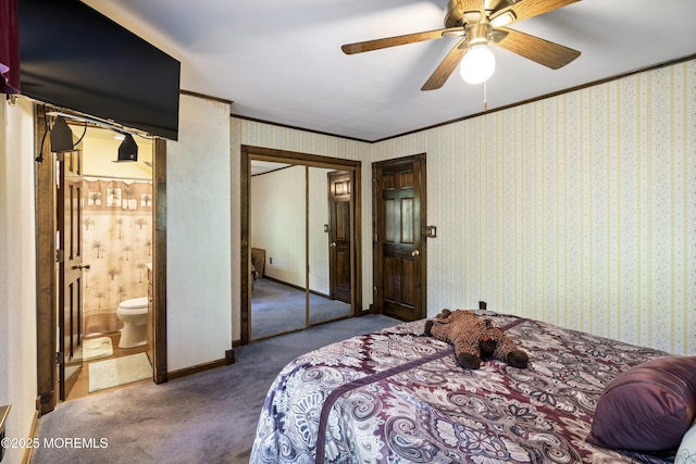 66 Cedar Swamp Rd, Jackson, NJ 08527 - carpeted bedroom with crown molding, a closet, connected bathroom, and ceiling fan