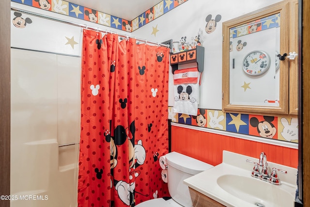 66 Cedar Swamp Rd, Jackson, NJ 08527 - full bath with a shower with shower curtain, wallpapered walls, and vanity