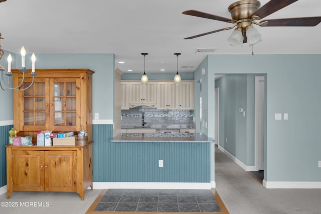 233 Heron Rd, Tuckerton, NJ 08087 - kitchen featuring decorative backsplash, a sink, a ceiling fan, hanging light fixtures, and recessed lighting