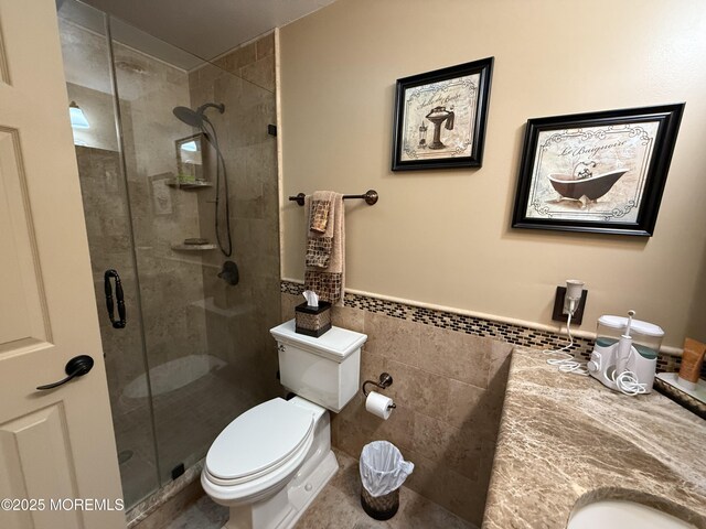 4 Hemlock Hill Rd, Jackson, NJ 08527 - full bath featuring toilet, a stall shower, tile walls, wainscoting, and vanity