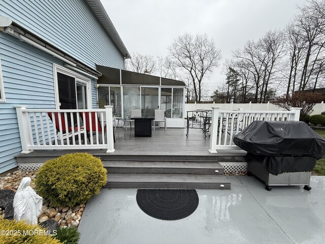4 Hemlock Hill Rd, Jackson, NJ 08527 - wooden deck featuring a sunroom, grilling area, and outdoor dining space