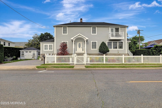 206 Chicago Ave, Point Pleasant Beach, NJ 08742 - view of front of house featuring a fenced front yard, a chimney, a balcony, and an outbuilding