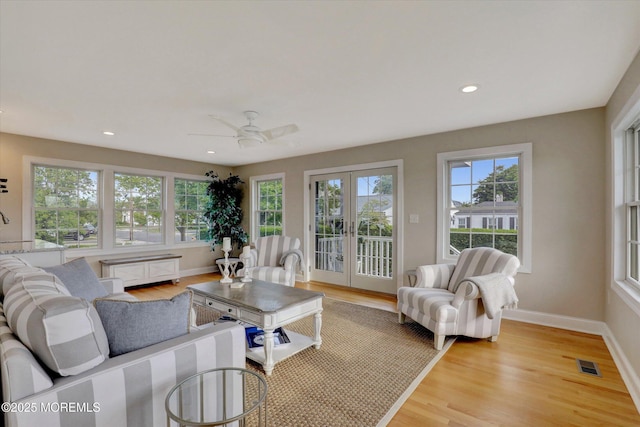 206 Chicago Ave, Point Pleasant Beach, NJ 08742 - living room with plenty of natural light, french doors, light wood-type flooring, a ceiling fan, and recessed lighting