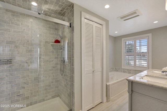206 Chicago Ave, Point Pleasant Beach, NJ 08742 - bathroom featuring a garden tub, a shower stall, a closet, vanity, and recessed lighting