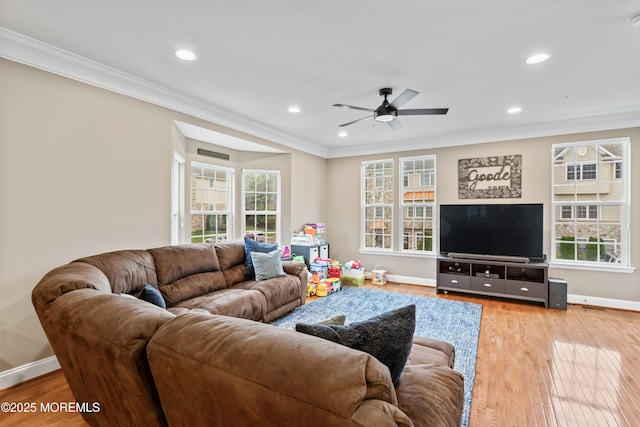 38 Phillip E Frank Way Unit 38, Cliffwood, NJ 07721 - living room featuring crown molding, light wood-type flooring, recessed lighting, healthy amount of natural light, and a ceiling fan