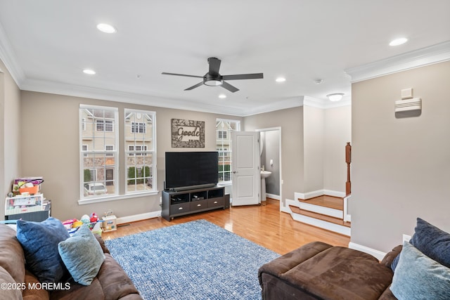 38 Phillip E Frank Way Unit 38, Cliffwood, NJ 07721 - living area with recessed lighting, plenty of natural light, a ceiling fan, wood finished floors, and ornamental molding