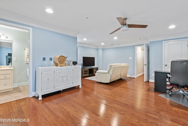 38 Phillip E Frank Way Unit 38, Cliffwood, NJ 07721 - living room with crown molding, a desk, ceiling fan, wood finished floors, and recessed lighting