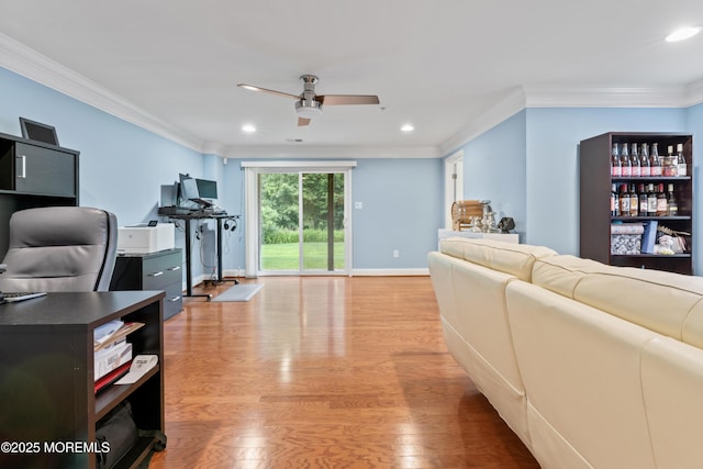 38 Phillip E Frank Way Unit 38, Cliffwood, NJ 07721 - living area with a ceiling fan, light wood-style floors, recessed lighting, an office area, and crown molding