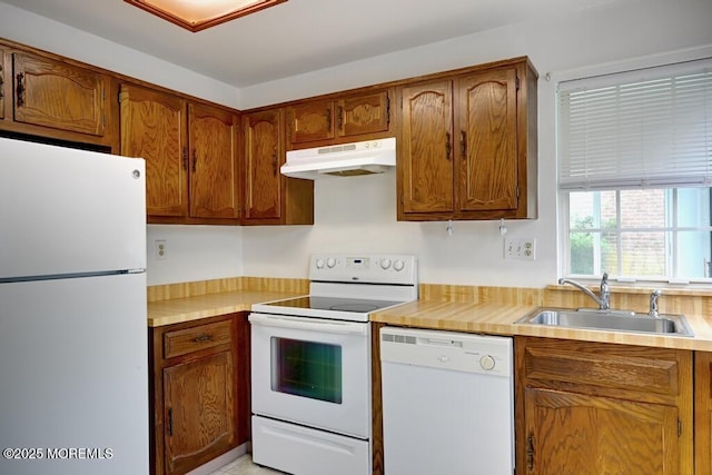 22 Elmswell Ave, Manchester, NJ 08759 - kitchen featuring white appliances, under cabinet range hood, light countertops, and brown cabinetry