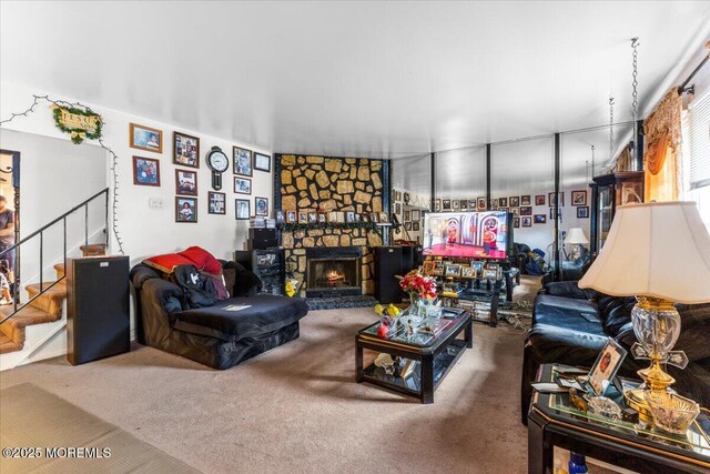 4 Roanoke Ct, Willingboro, NJ 08046 - carpeted living room with stairway and a fireplace