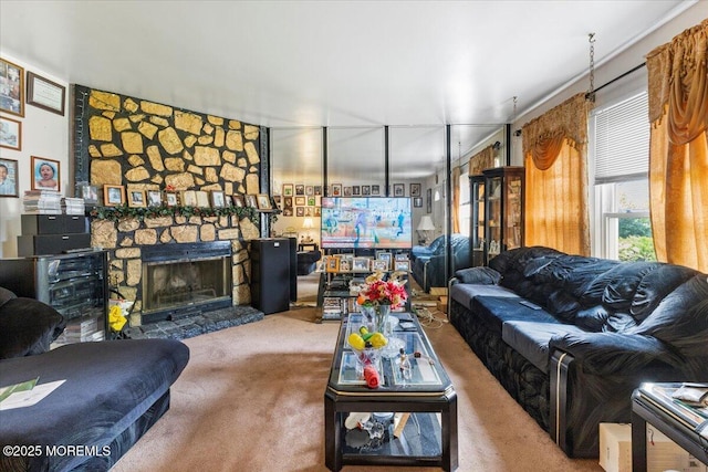 4 Roanoke Ct, Willingboro, NJ 08046 - carpeted living area featuring a stone fireplace