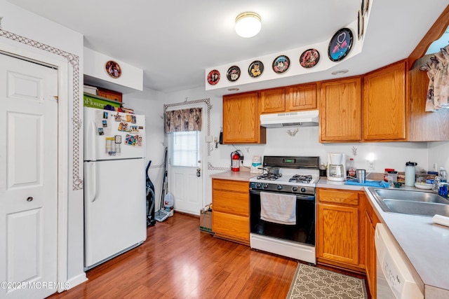 532 Georgia Tavern Rd, Howell, NJ 07731 - kitchen with white appliances, under cabinet range hood, light countertops, light wood-style floors, and brown cabinetry