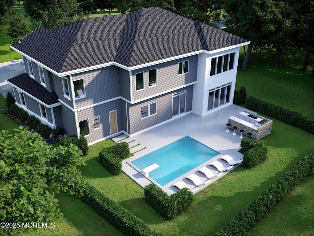 308 S St, Brielle, NJ 08730 - rear view of house featuring a patio, a yard, roof with shingles, and an outdoor pool