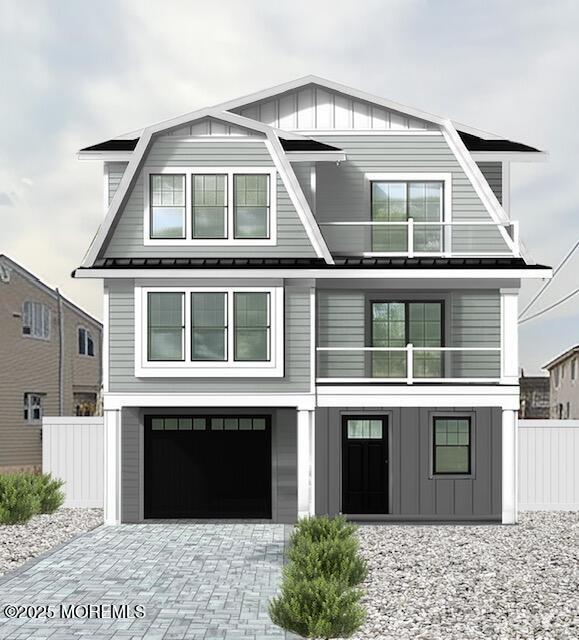 118 Camden Ave, Lavallette, NJ 08735 - view of front of home with a gambrel roof, an attached garage, board and batten siding, and a metal roof