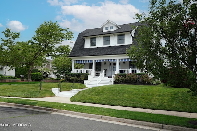 342 Lincoln Ave, Avon-By-The-Sea, NJ 07717 - view of front of house with covered porch, a front yard, roof with shingles, and stairway