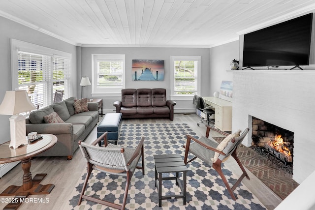342 Lincoln Ave, Avon-By-The-Sea, NJ 07717 - living area featuring crown molding, plenty of natural light, a warm lit fireplace, wooden ceiling, and wood finished floors