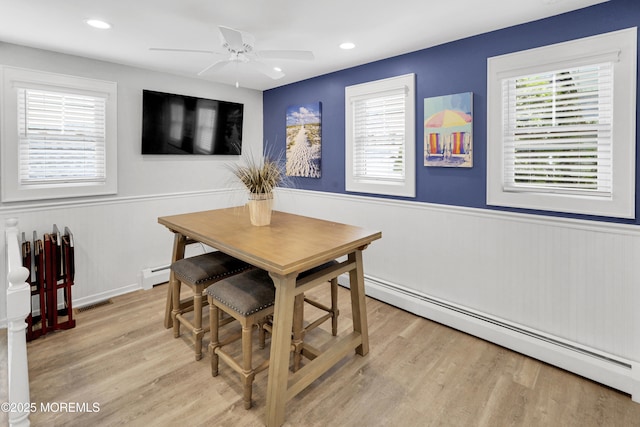 342 Lincoln Ave, Avon-By-The-Sea, NJ 07717 - dining space with baseboard heating, wainscoting, a ceiling fan, light wood-type flooring, and recessed lighting