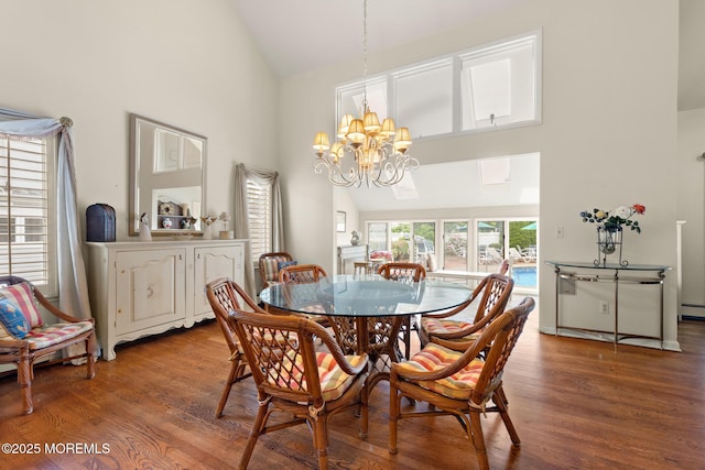 14 W St, Monmouth Beach, NJ 07750 - dining space featuring high vaulted ceiling, a chandelier, wood finished floors, and baseboard heating