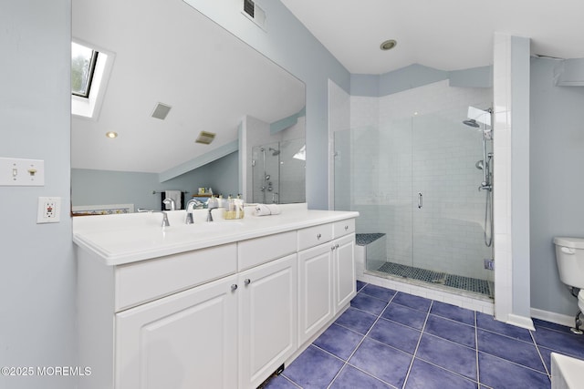 14 W St, Monmouth Beach, NJ 07750 - full bath featuring a skylight, vanity, a stall shower, lofted ceiling, and tile patterned flooring