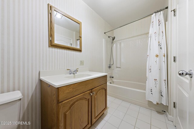 14 W St, Monmouth Beach, NJ 07750 - bathroom featuring tile patterned floors, shower / tub combo with curtain, vanity, and wallpapered walls