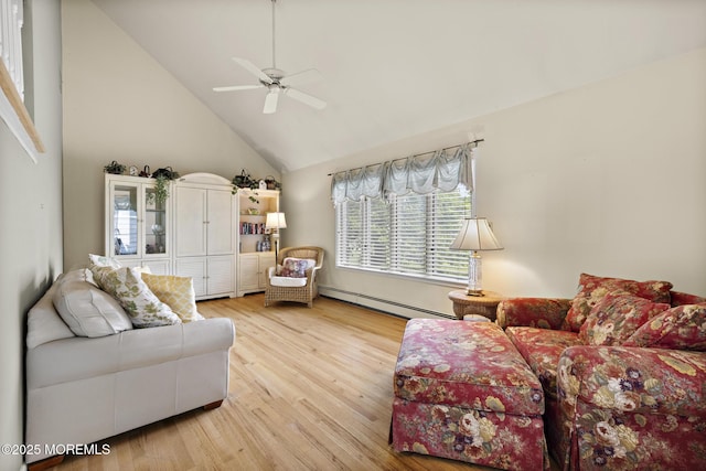 14 W St, Monmouth Beach, NJ 07750 - living room featuring baseboard heating, wood finished floors, ceiling fan, and high vaulted ceiling