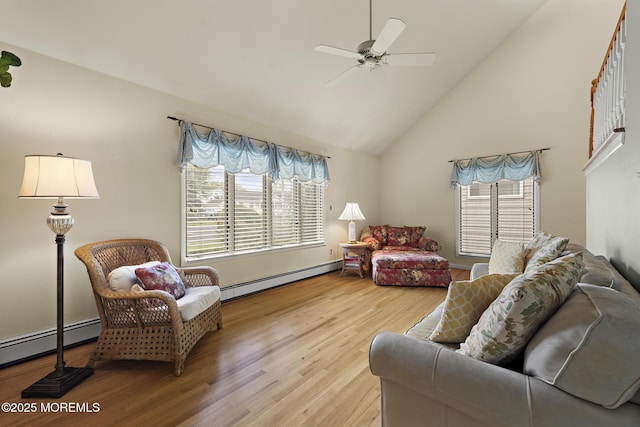 14 W St, Monmouth Beach, NJ 07750 - living area with baseboard heating, high vaulted ceiling, wood finished floors, and a ceiling fan