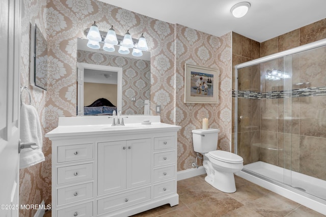 37 Normanton Ave, Manchester, NJ 08759 - ensuite bathroom with wallpapered walls, a stall shower, vanity, and tile patterned flooring