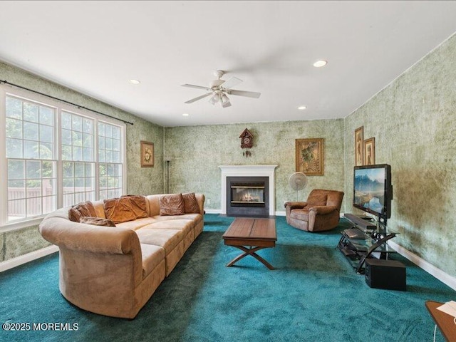 1 Turtle Clan Ct, Clarksburg, NJ 08510 - carpeted living area with a glass covered fireplace, a ceiling fan, and recessed lighting