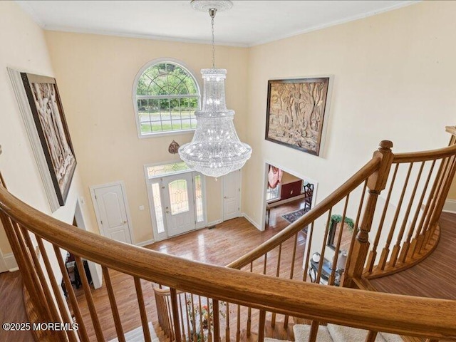 1 Turtle Clan Ct, Clarksburg, NJ 08510 - stairway featuring wood finished floors, a chandelier, and crown molding