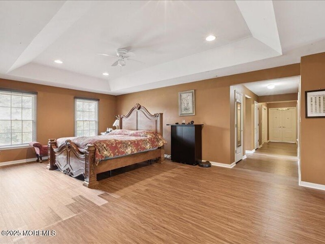1 Turtle Clan Ct, Clarksburg, NJ 08510 - bedroom featuring a raised ceiling, light wood-style flooring, recessed lighting, and a ceiling fan