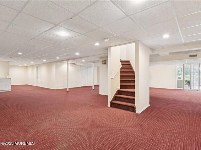 1 Turtle Clan Ct, Clarksburg, NJ 08510 - basement featuring carpet floors, stairs, recessed lighting, and a drop ceiling