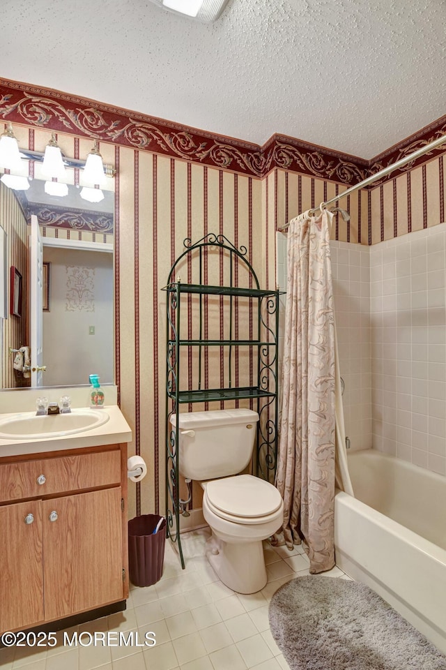 28 Tulip Ct, Howell, NJ 07731 - bathroom featuring toilet, shower / bath combination with curtain, vanity, wallpapered walls, and tile patterned flooring