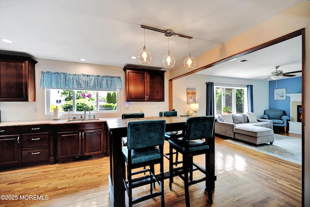 855 Derry Dr, Toms River, NJ 08753 - kitchen featuring light countertops, light wood-type flooring, pendant lighting, ceiling fan, and recessed lighting