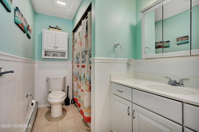855 Derry Dr, Toms River, NJ 08753 - bathroom with a wainscoted wall, a baseboard radiator, vanity, tile patterned flooring, and curtained shower