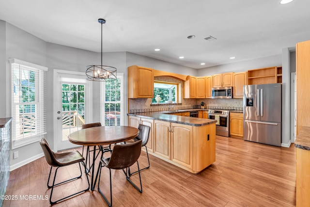 6 Hoffer Ct, Marlboro, NJ 07746 - kitchen featuring appliances with stainless steel finishes, light brown cabinets, light wood-type flooring, dark countertops, and recessed lighting