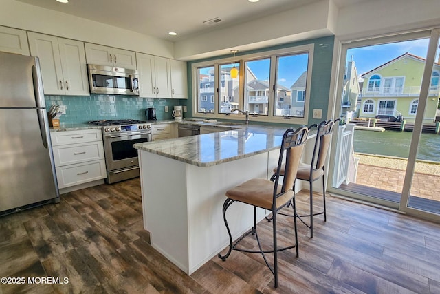 443 Harding Ave, Ortley Beach, NJ 08751 - kitchen featuring appliances with stainless steel finishes, light stone countertops, dark wood-style flooring, a breakfast bar area, and white cabinets