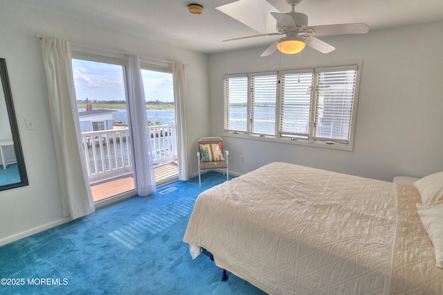 443 Harding Ave, Ortley Beach, NJ 08751 - bedroom featuring access to outside, carpet flooring, a water view, and a ceiling fan