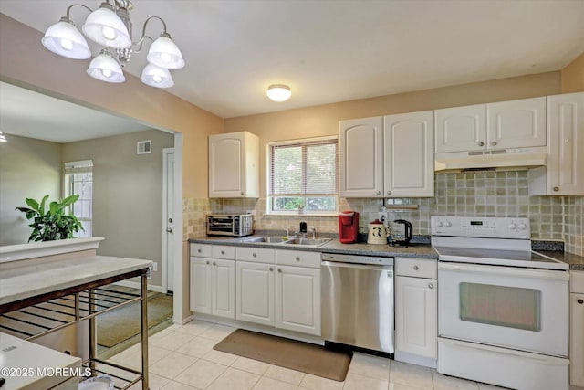 73 Barnegat Blvd S, Barnegat, NJ 08005 - kitchen with stainless steel dishwasher, white range with electric stovetop, under cabinet range hood, backsplash, and a chandelier