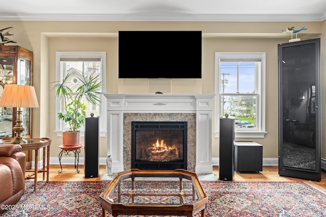 17 Atlantic Ave, Ocean Grove, NJ 07756 - living area with light wood-style flooring, a glass covered fireplace, plenty of natural light, and ornamental molding