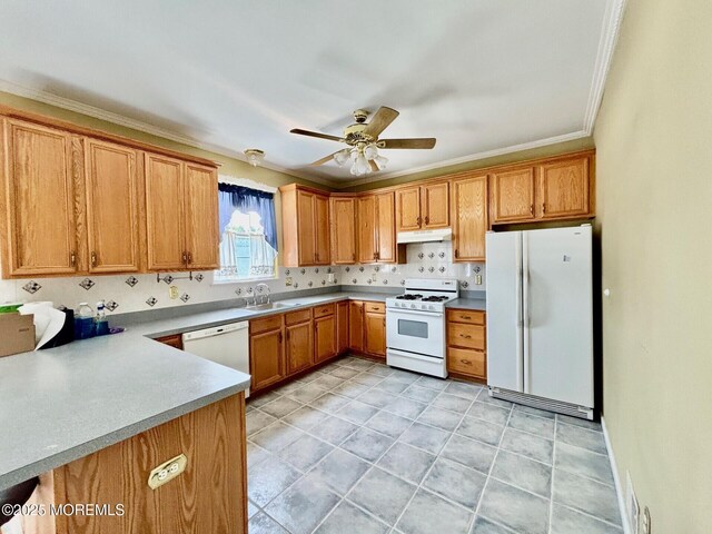 15 Hannah Lee Rd, Barnegat, NJ 08005 - kitchen featuring white appliances, under cabinet range hood, ornamental molding, a ceiling fan, and brown cabinets