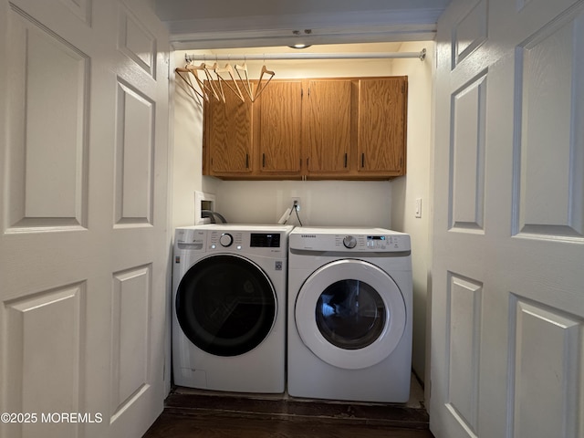 3 Churchill Downs, West Long Branch, NJ 07764 - laundry area with washer and clothes dryer, cabinet space, and dark wood finished floors