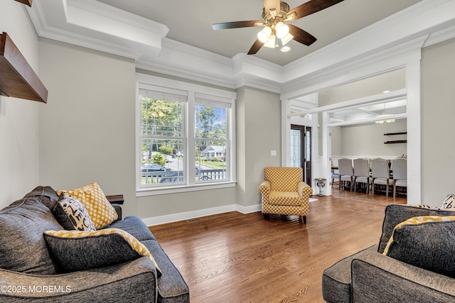 1605 Lakewood Rd, Manasquan, NJ 08736 - living area featuring ceiling fan, wood finished floors, and crown molding