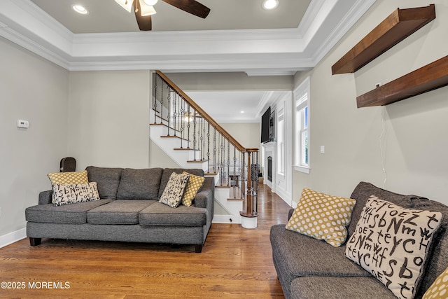 1605 Lakewood Rd, Manasquan, NJ 08736 - living room with wood finished floors, crown molding, stairs, a ceiling fan, and recessed lighting