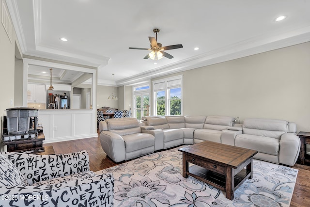 1605 Lakewood Rd, Manasquan, NJ 08736 - living area with crown molding, dark wood-style flooring, a ceiling fan, a tray ceiling, and recessed lighting
