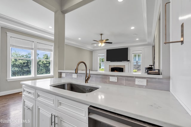 1605 Lakewood Rd, Manasquan, NJ 08736 - kitchen with ornamental molding, light countertops, dishwasher, a ceiling fan, and recessed lighting