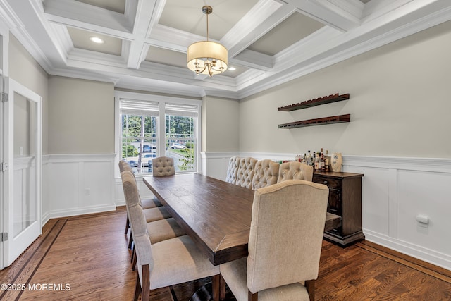 1605 Lakewood Rd, Manasquan, NJ 08736 - dining area featuring ornamental molding, coffered ceiling, dark wood-type flooring, a decorative wall, and beamed ceiling