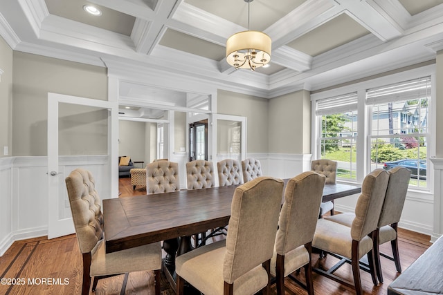 1605 Lakewood Rd, Manasquan, NJ 08736 - dining space with coffered ceiling, a decorative wall, wood finished floors, beam ceiling, and a chandelier